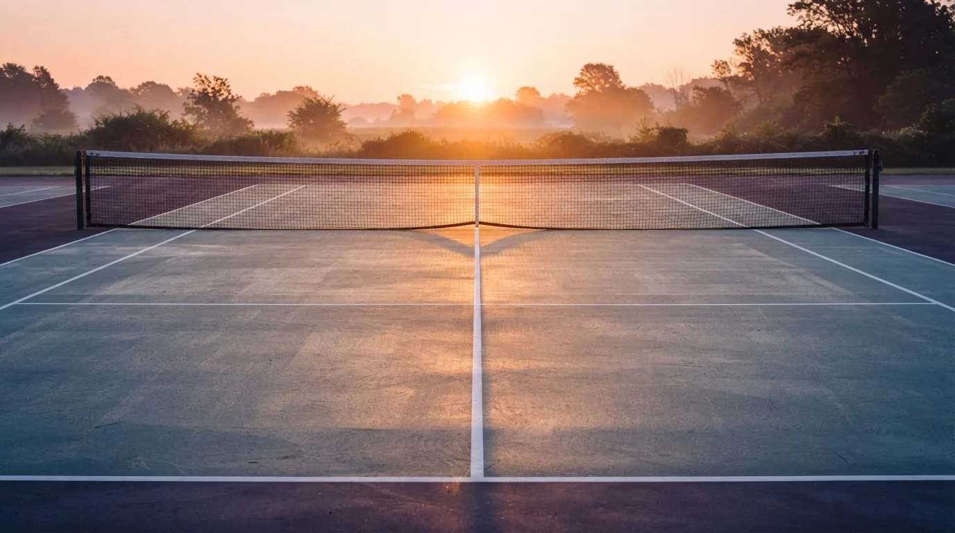 Ein Tennisplatz bei Sonnenaufgang, Netz und Linien im Streiflicht, ohne Menschen.