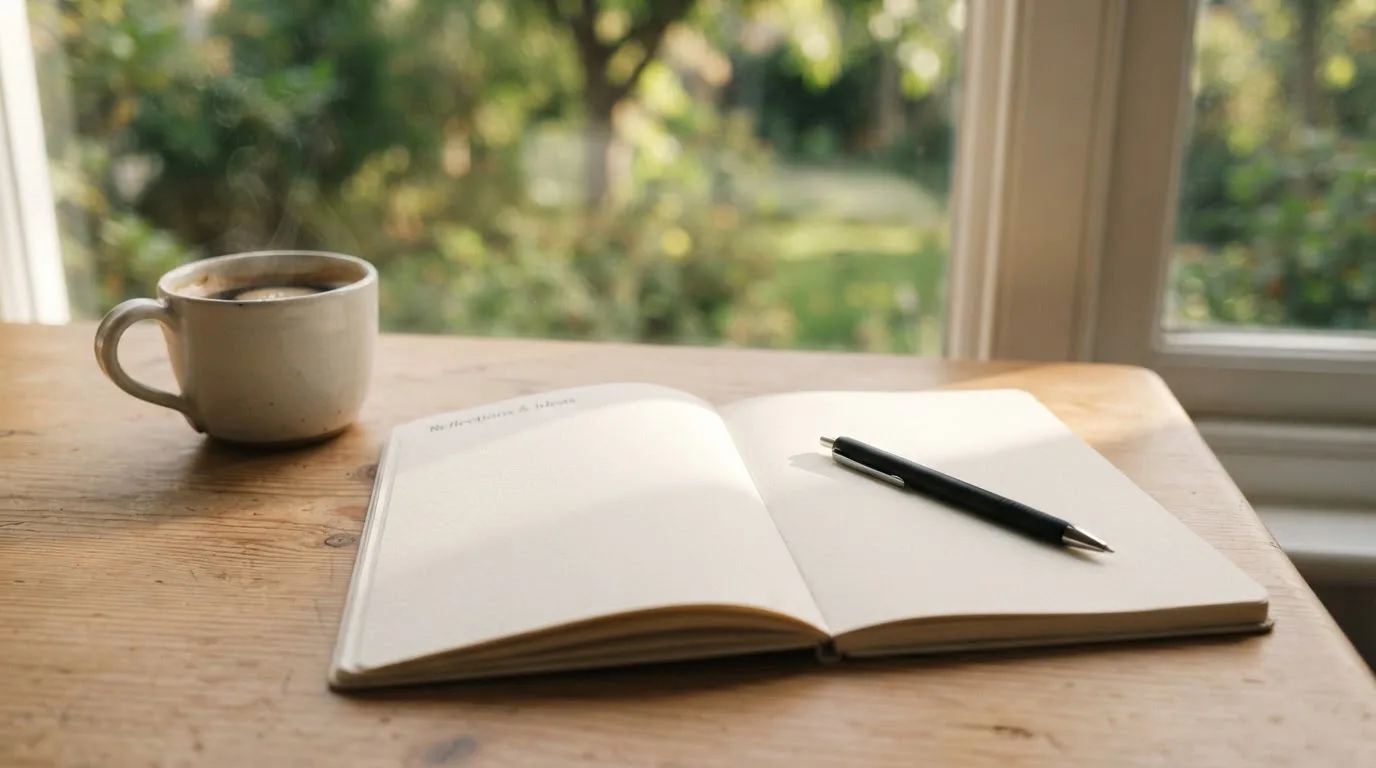 Ein aufgeschlagenes leeres Notizbuch mit Kugelschreiber neben einer Tasse Kaffee auf einem Tisch am Fenster.