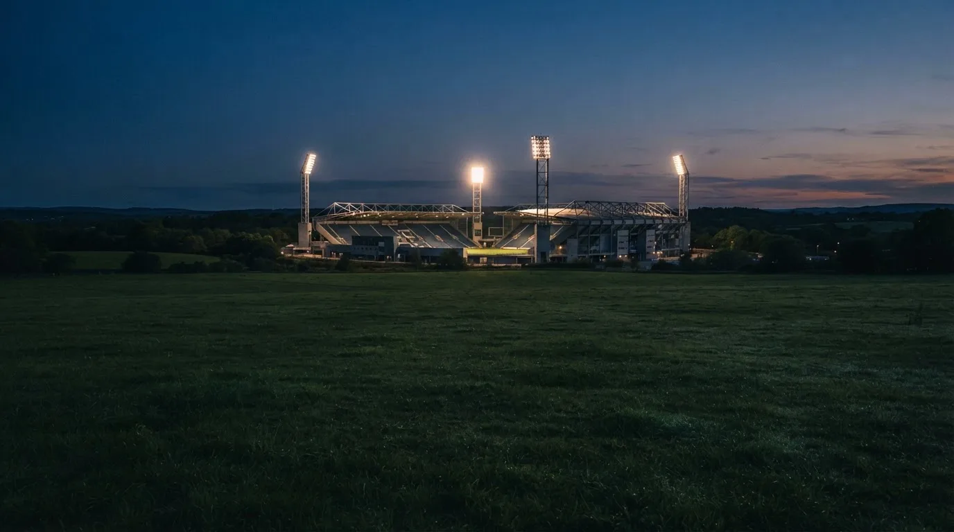 Ein Stadion unter Flutlicht aus der Ferne gesehen, im Vordergrund ein leeres Feld in der Dämmerung.