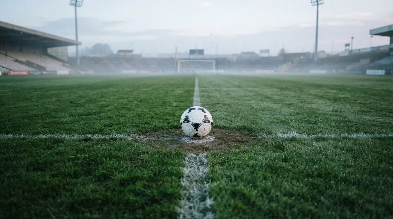 Ein Fußball liegt auf dem Anstoßpunkt eines leeren Rasenplatzes, im Hintergrund hängt Morgendunst über den Tribünen.