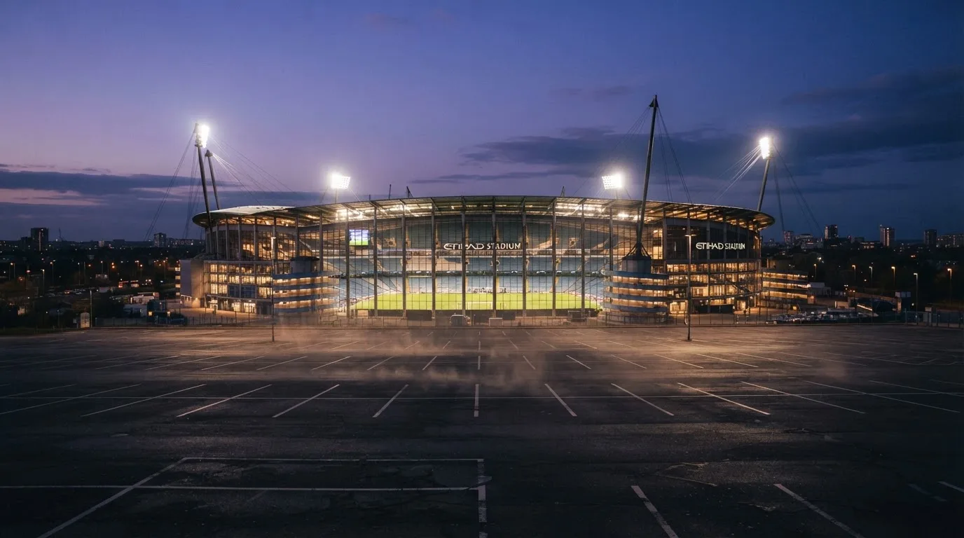Ein Fußballstadion unter Flutlicht, aus großer Entfernung bei Einbruch der Dunkelheit gesehen, davor ein leerer Parkplatz.