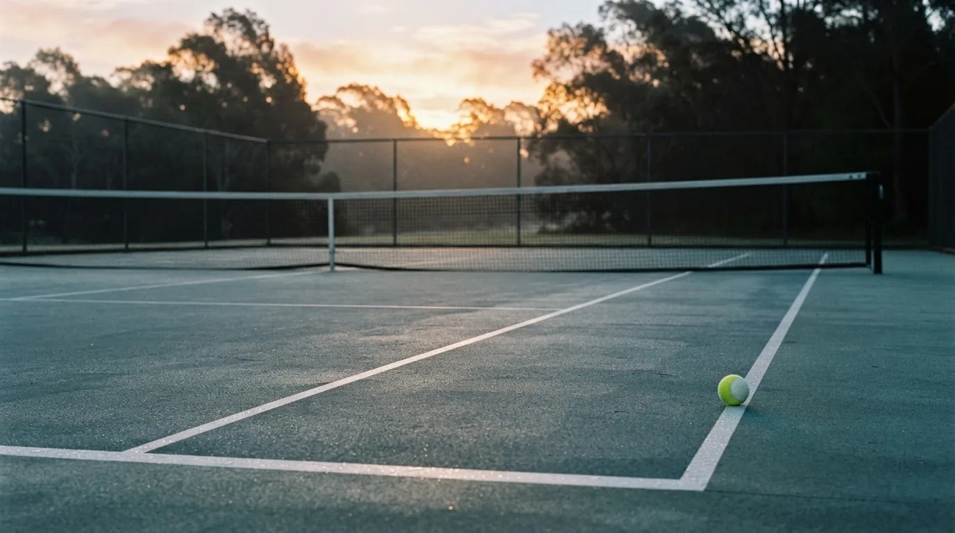 Ein Tennisplatz bei Sonnenaufgang, die Linien noch taufeucht, ein einzelner Ball liegt an der Grundlinie.