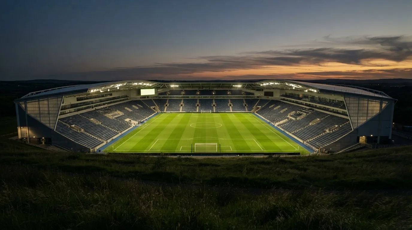 Ein leeres Stadion mit hell erleuchteten Rängen in der Abenddämmerung, von einem Hügel aus fotografiert.