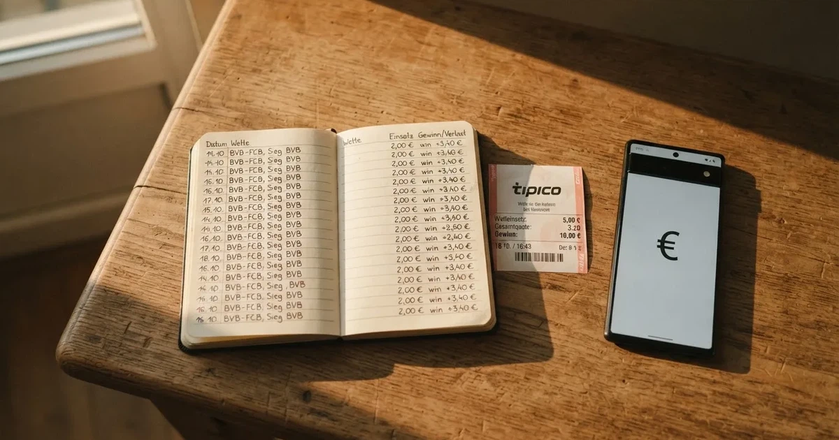 Ein paar Euro-Münzen und ein einzelner Geldschein liegen neben einem aufgeschlagenen Notizbuch mit handschriftlichen Zahlenreihen auf einem Schreibtisch.