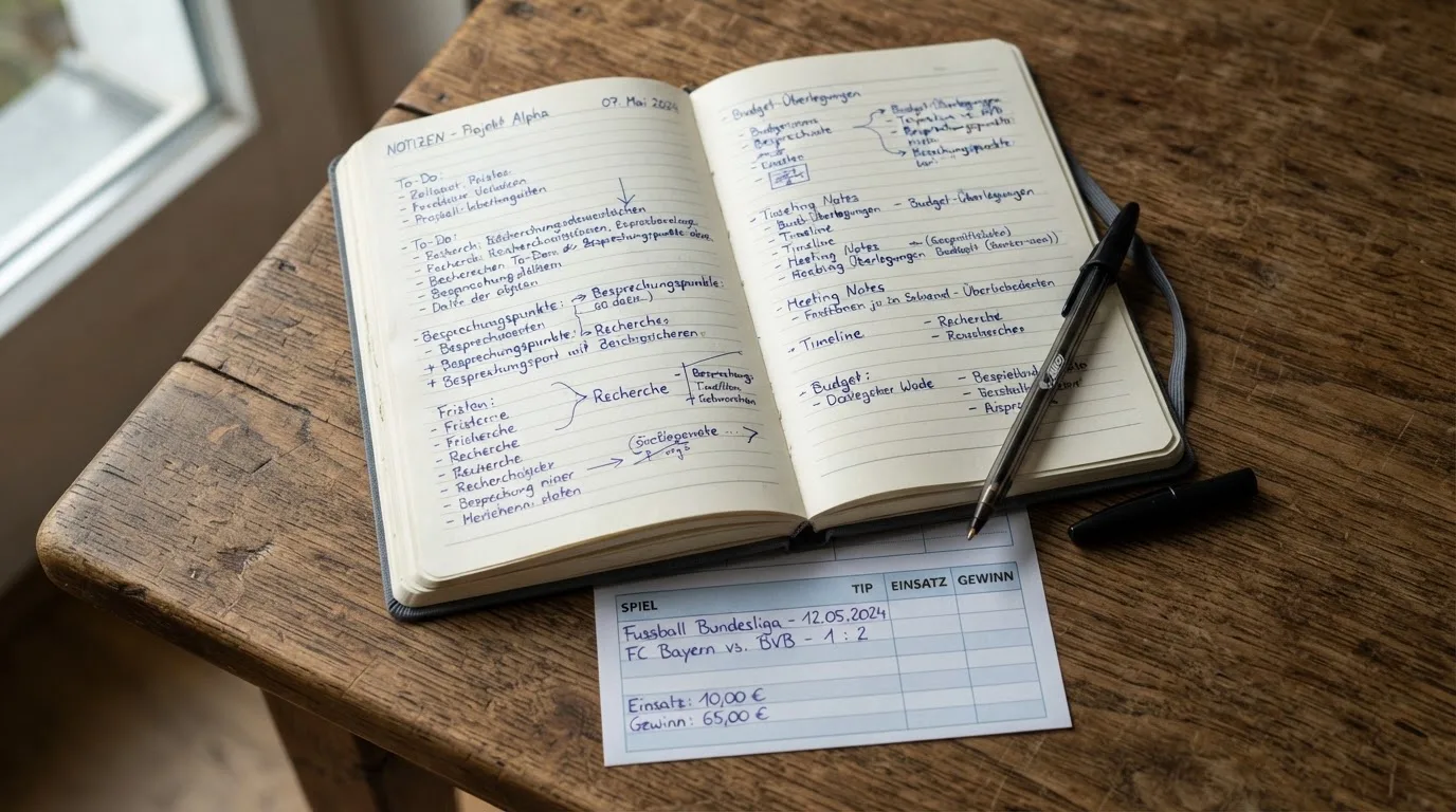 Ein Notizbuch mit handschriftlichen Notizen liegt aufgeschlagen neben einem leeren Papier-Wettschein auf einem Holztisch.