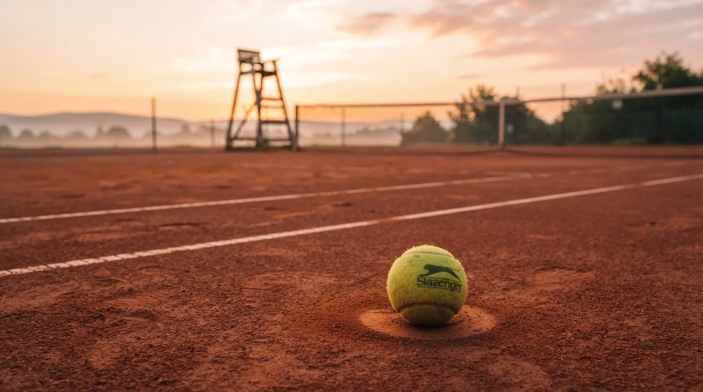 Ein Tennisball liegt auf einem roten Sandplatz bei Sonnenaufgang, im Hintergrund ein leerer Schiedsrichterstuhl.