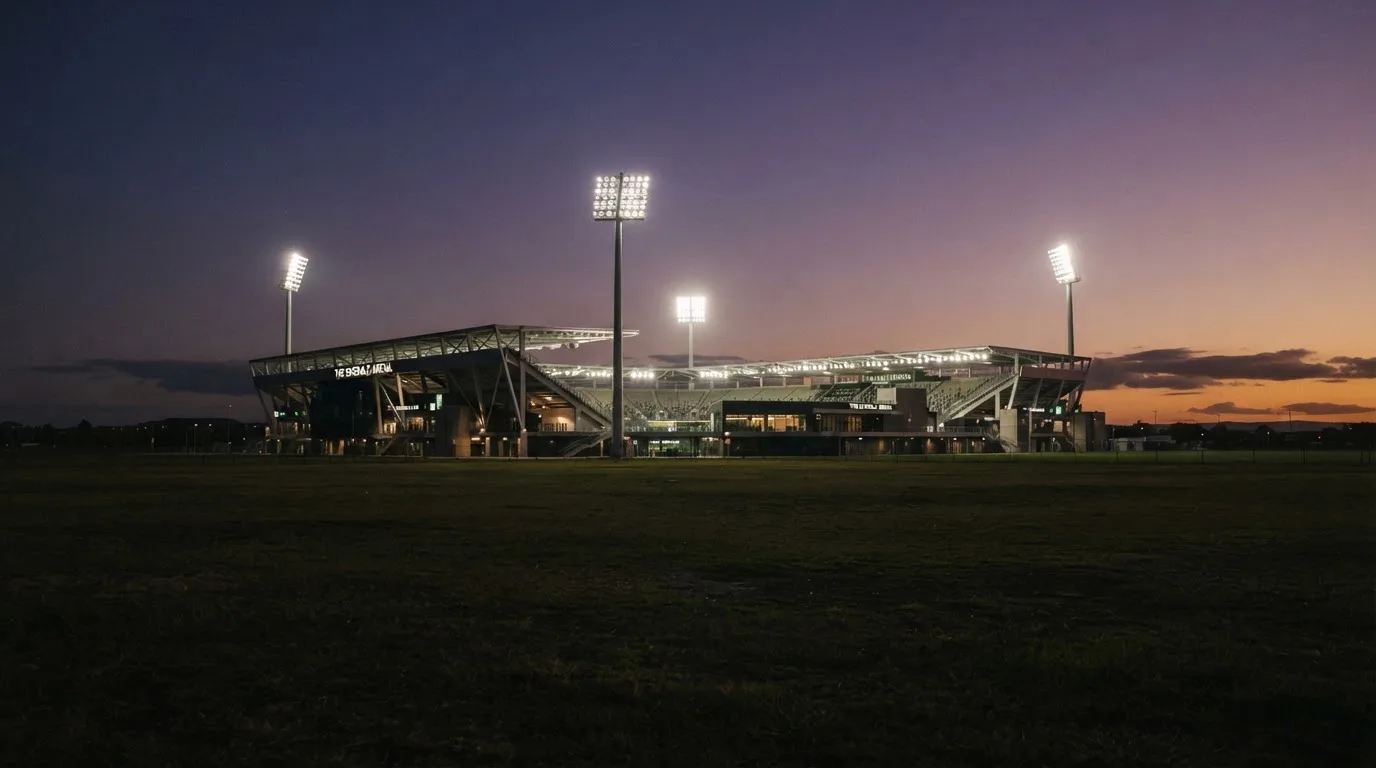 Ein Stadion unter Flutlicht aus der Ferne, davor ein stilles Feld im Dämmerlicht.