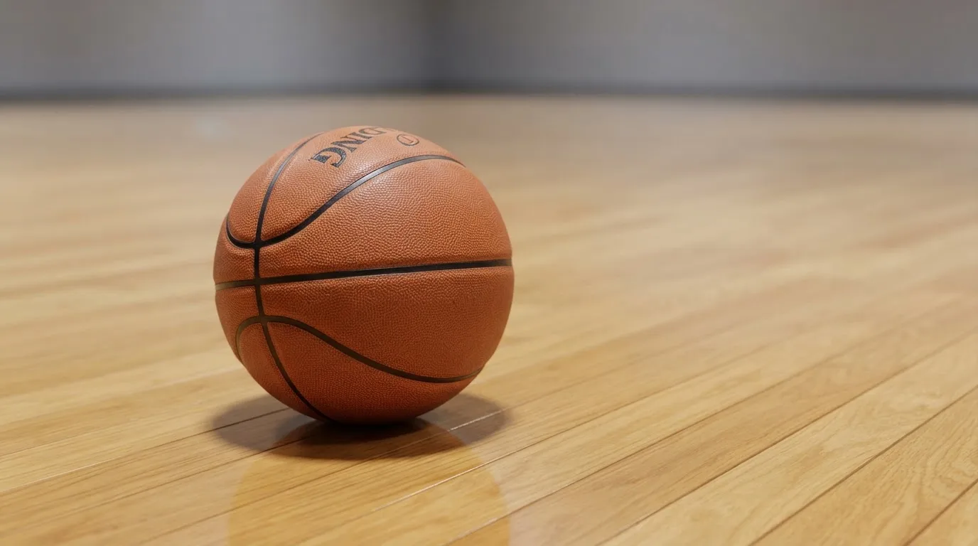 Ein Basketball liegt auf dem Parkett einer leeren Halle, Licht fällt durch hohe Fenster.