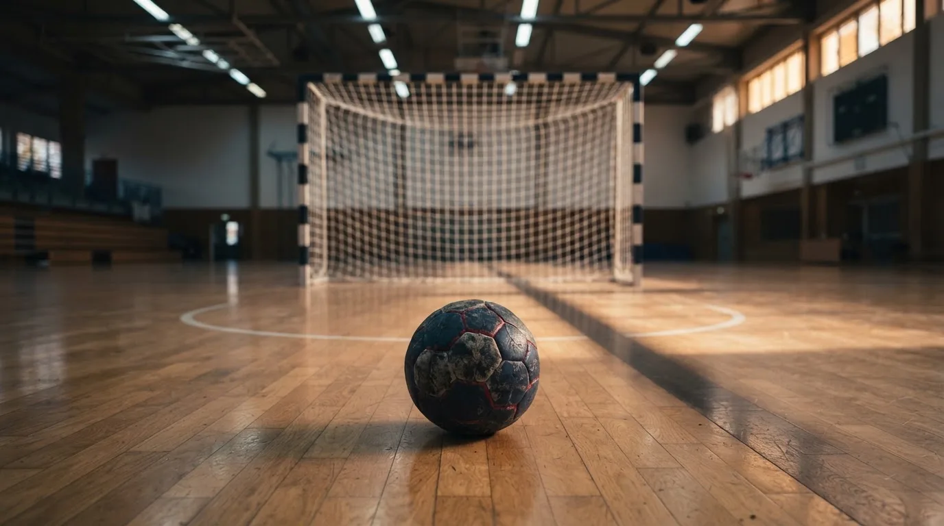 Ein Handball liegt in einer leeren Halle auf dem Boden vor dem Tor.