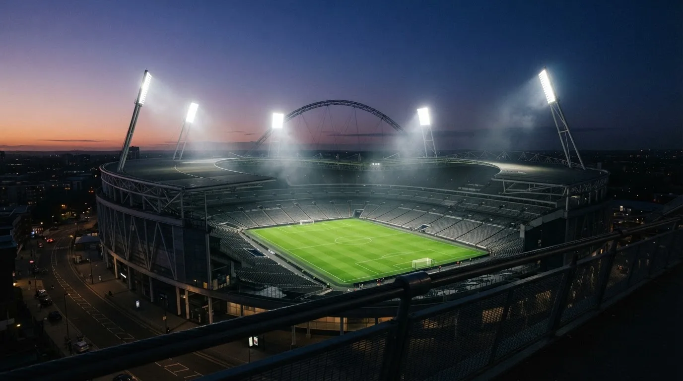 Ein Stadion bei Dämmerung mit eingeschalteten Flutlichtmasten, von einer Brücke aus aufgenommen.