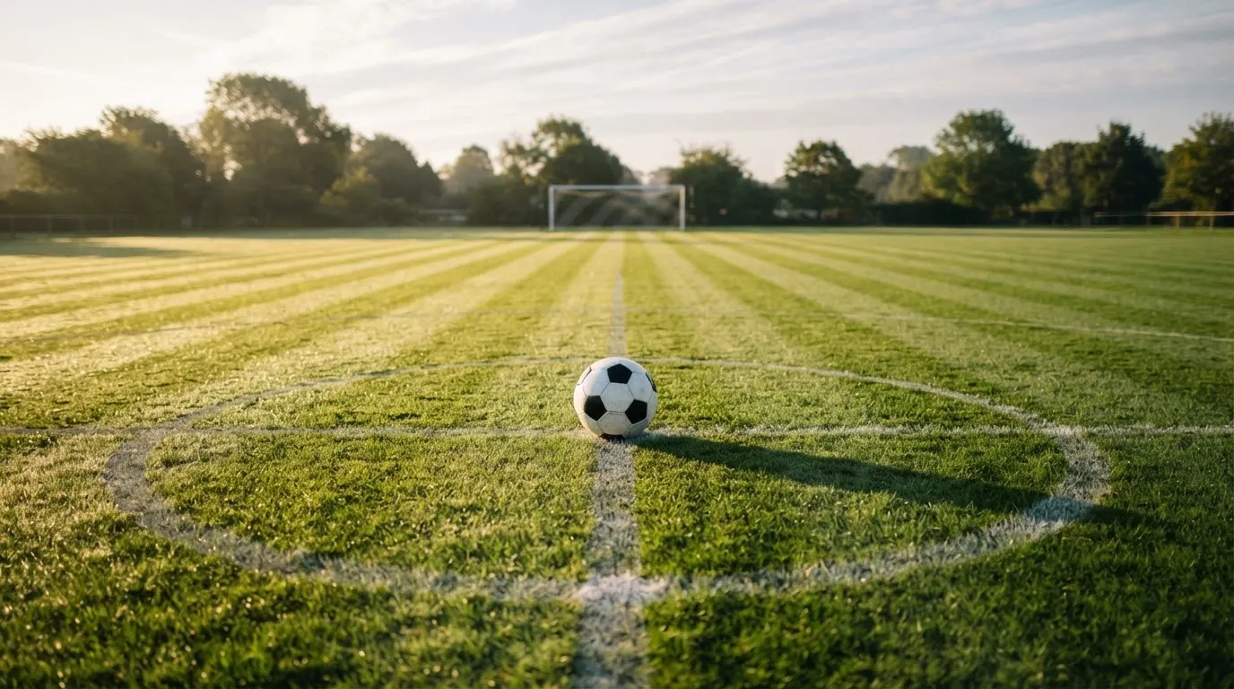 Ein Fußball liegt auf dem Anstoßkreis eines leeren Rasenplatzes im frühen Morgenlicht.
