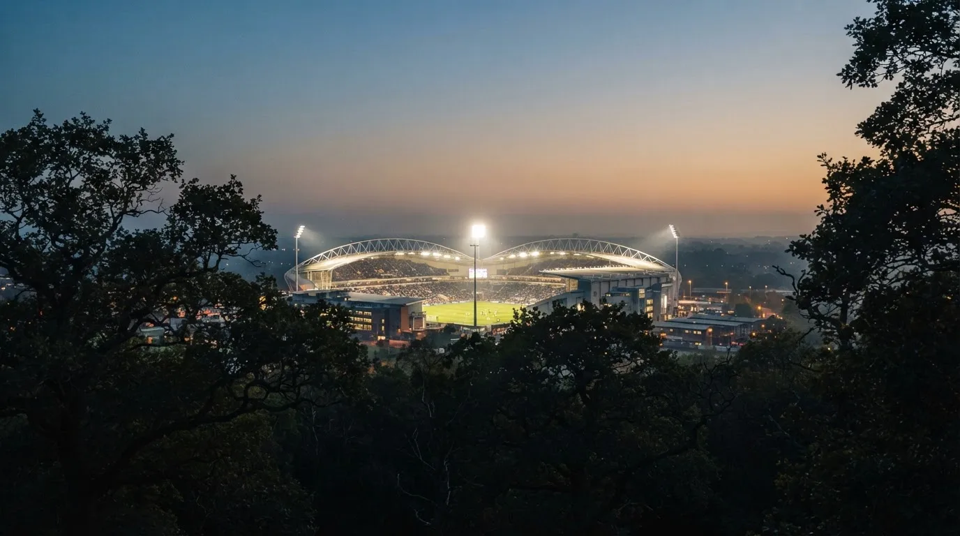 Ein Stadion unter Flutlicht aus großer Entfernung, davor die Silhouetten von Bäumen im Abendhimmel.