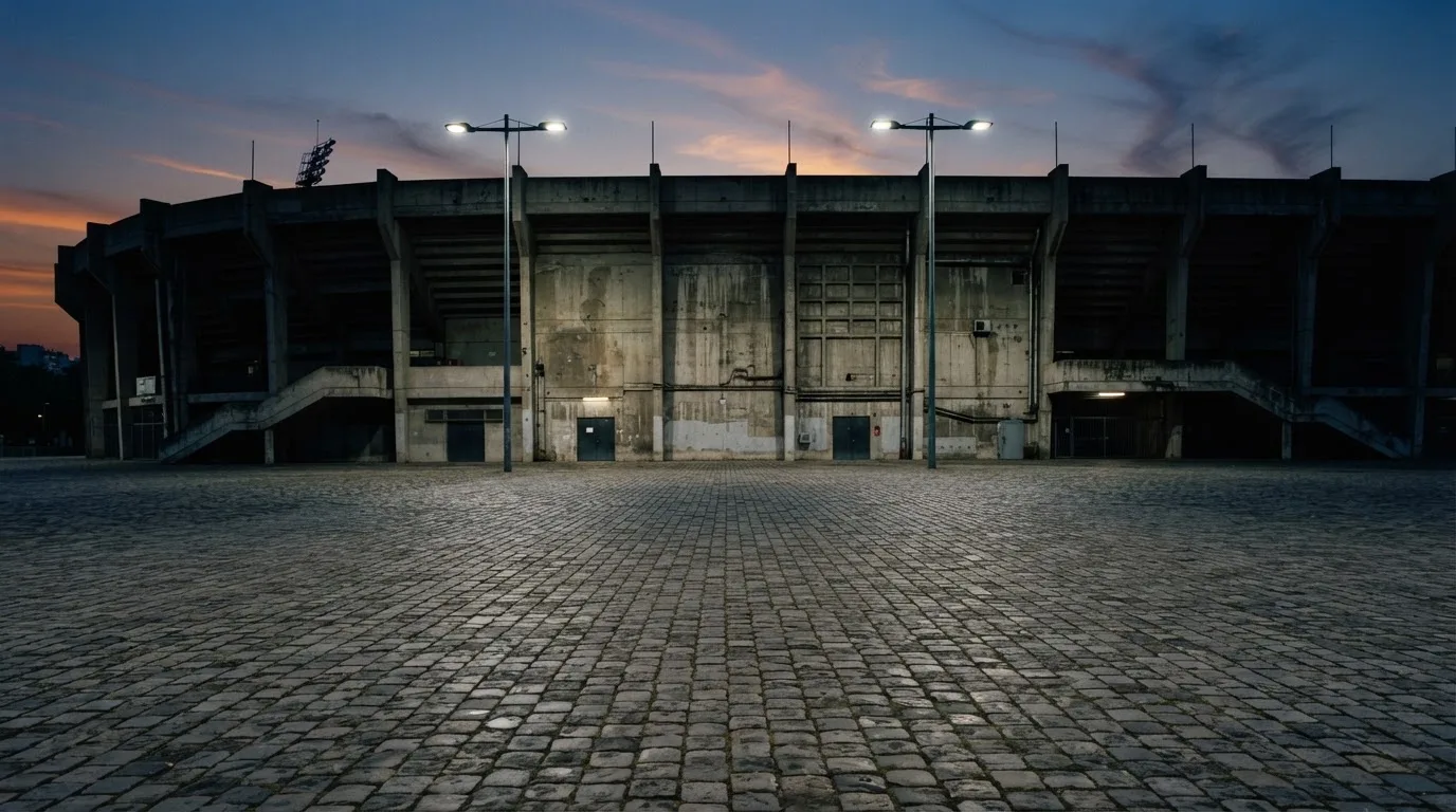 Die Rückseite einer Tribüne bei Dämmerung, davor ein menschenleerer Vorplatz mit Pflastersteinen.