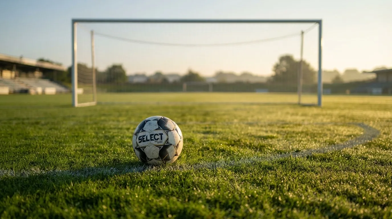 Ein Fußball auf dem Rasen vor einem leeren Tor im frühen Morgenlicht.
