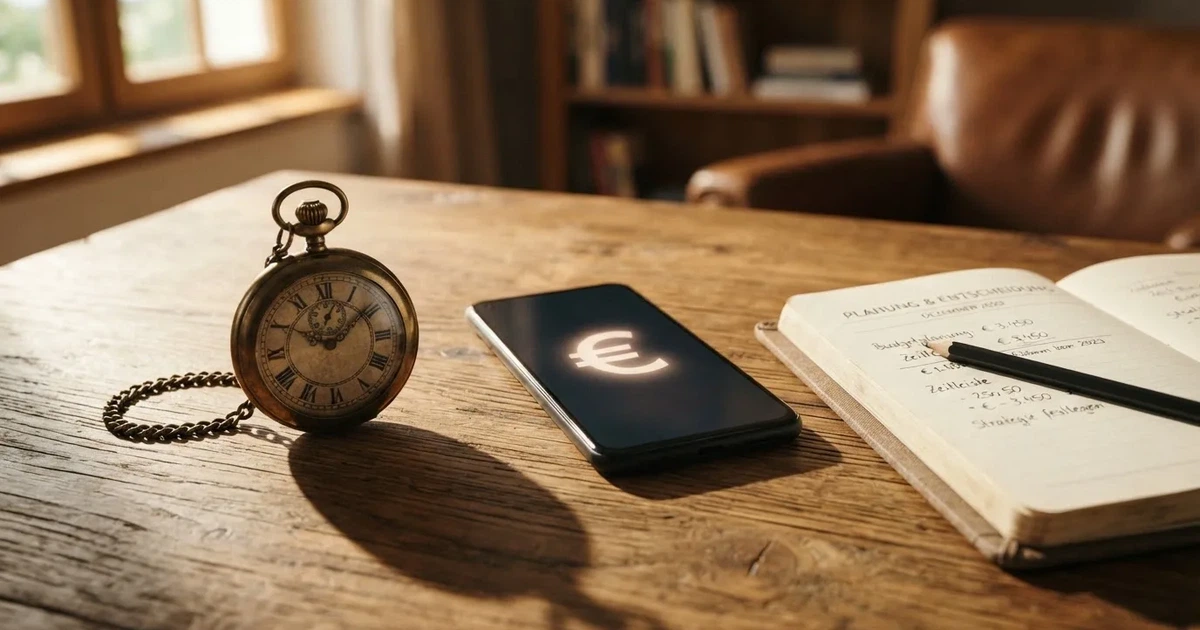 Eine Stoppuhr liegt neben Münzen und einem Notizbuch auf einem Holztisch, Tageslicht fällt von der Seite ein.