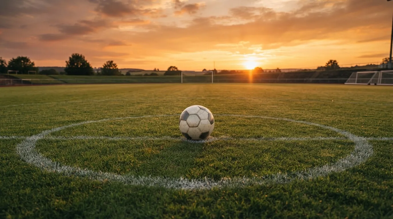 Ein Fußball liegt in der Mitte eines leeren Rasenplatzes, am Horizont färbt sich der Himmel orange.