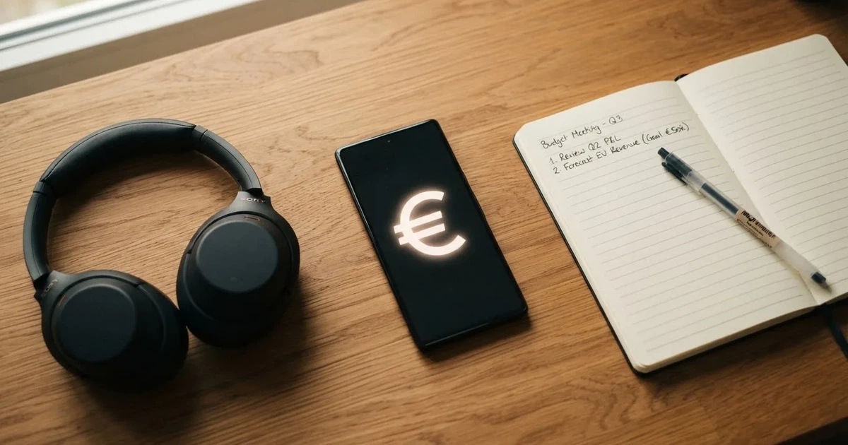 Ein Smartphone mit schwarzem Display liegt neben Kopfhörern auf einem Schreibtisch, daneben ein aufgeschlagenes Notizbuch.