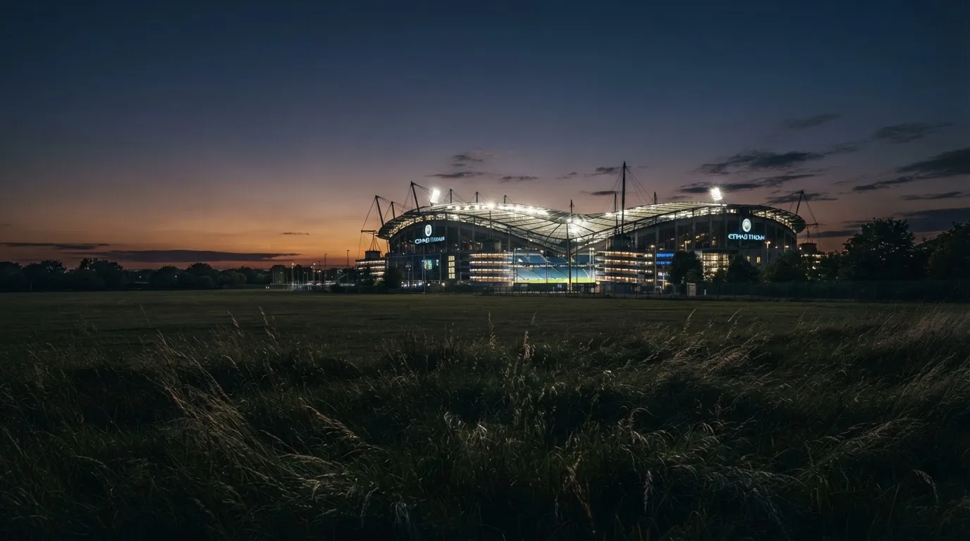 Ein hell beleuchtetes Stadion aus der Ferne in der Dämmerung, im Vordergrund ein Feld mit hohem Gras.