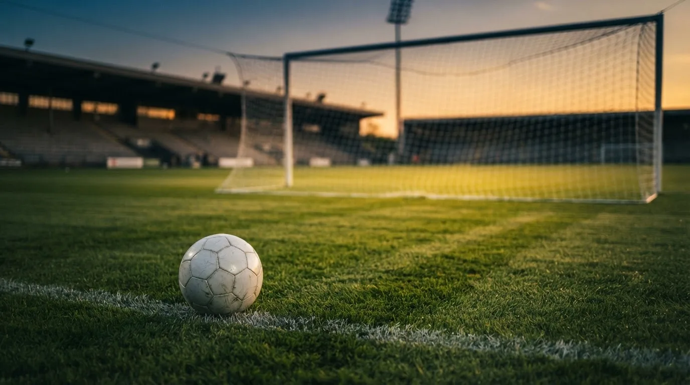 Ein Fußball liegt im Strafraum eines leeren Platzes, dahinter die Netze des Tores im Abendlicht.
