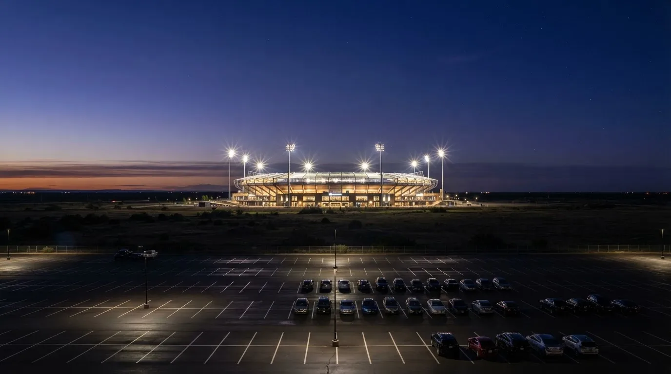 Ein Stadion unter Flutlicht aus großer Entfernung bei Einbruch der Dunkelheit, davor ein stiller Parkplatz.