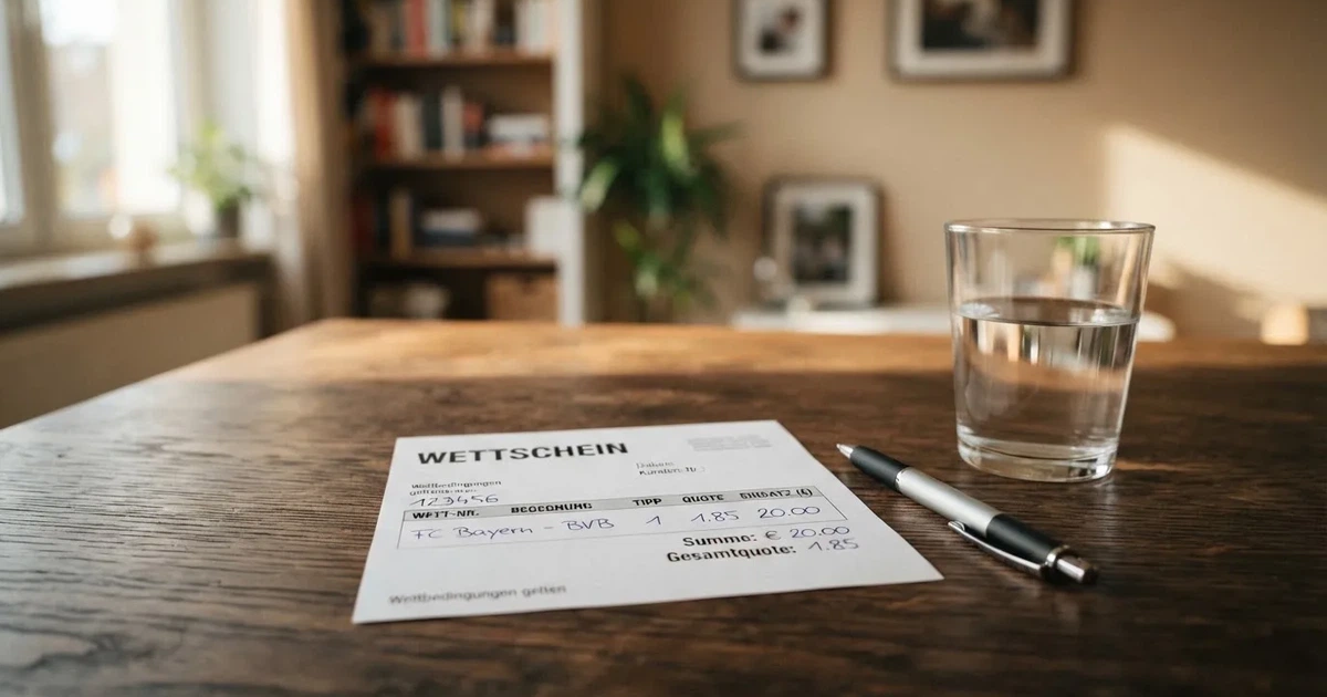 Ein leerer Papier-Wettschein liegt zusammen mit einem Kugelschreiber auf einem Tisch, daneben ein Glas Wasser.