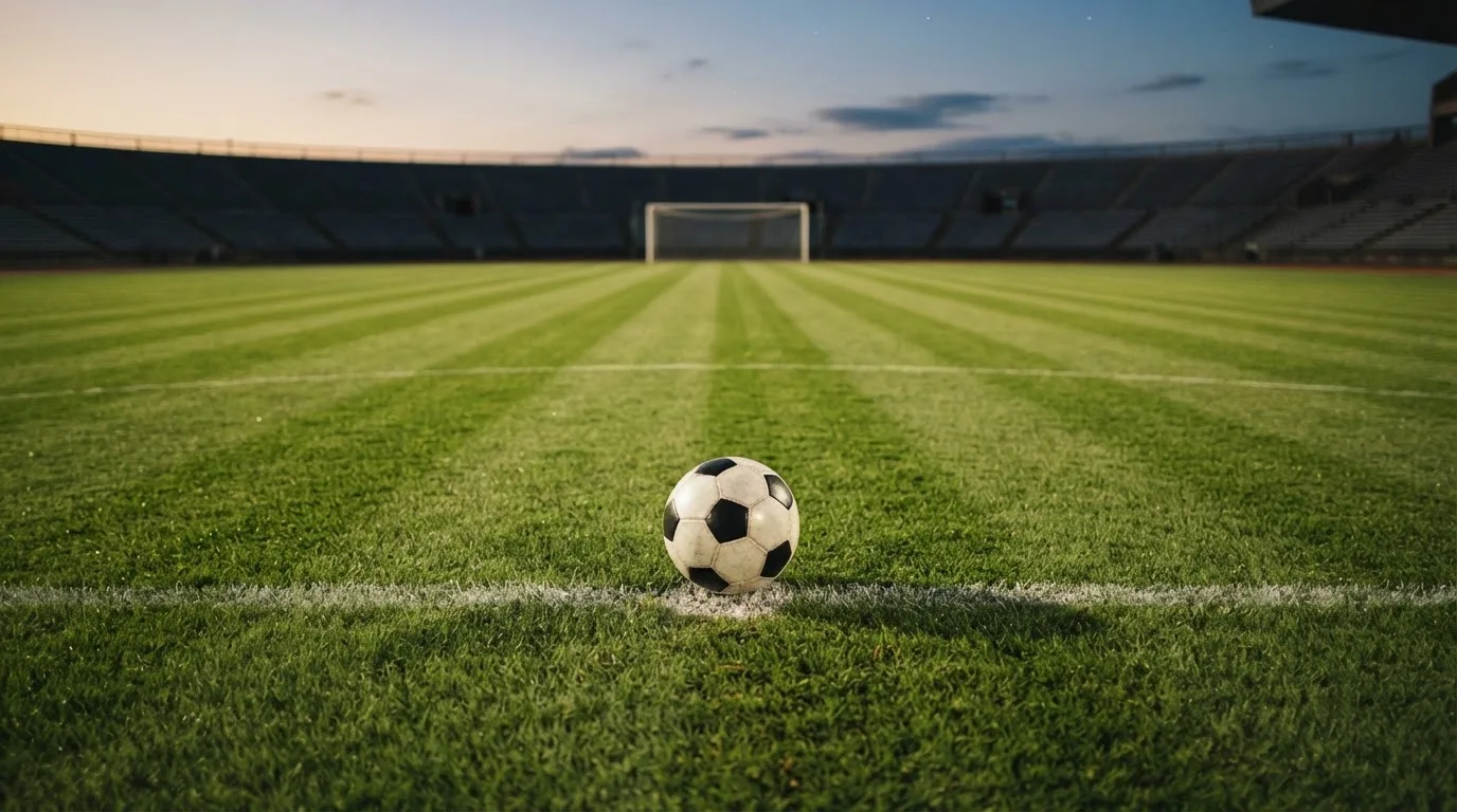 Ein Fußball liegt auf dem Elfmeterpunkt eines leeren Platzes im Abendlicht.