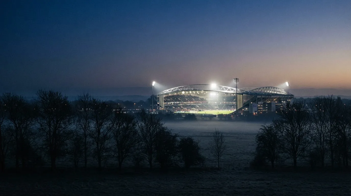 Ein Stadion unter Flutlicht, aus großer Entfernung gesehen, davor eine Reihe kahler Bäume im Dämmerlicht.
