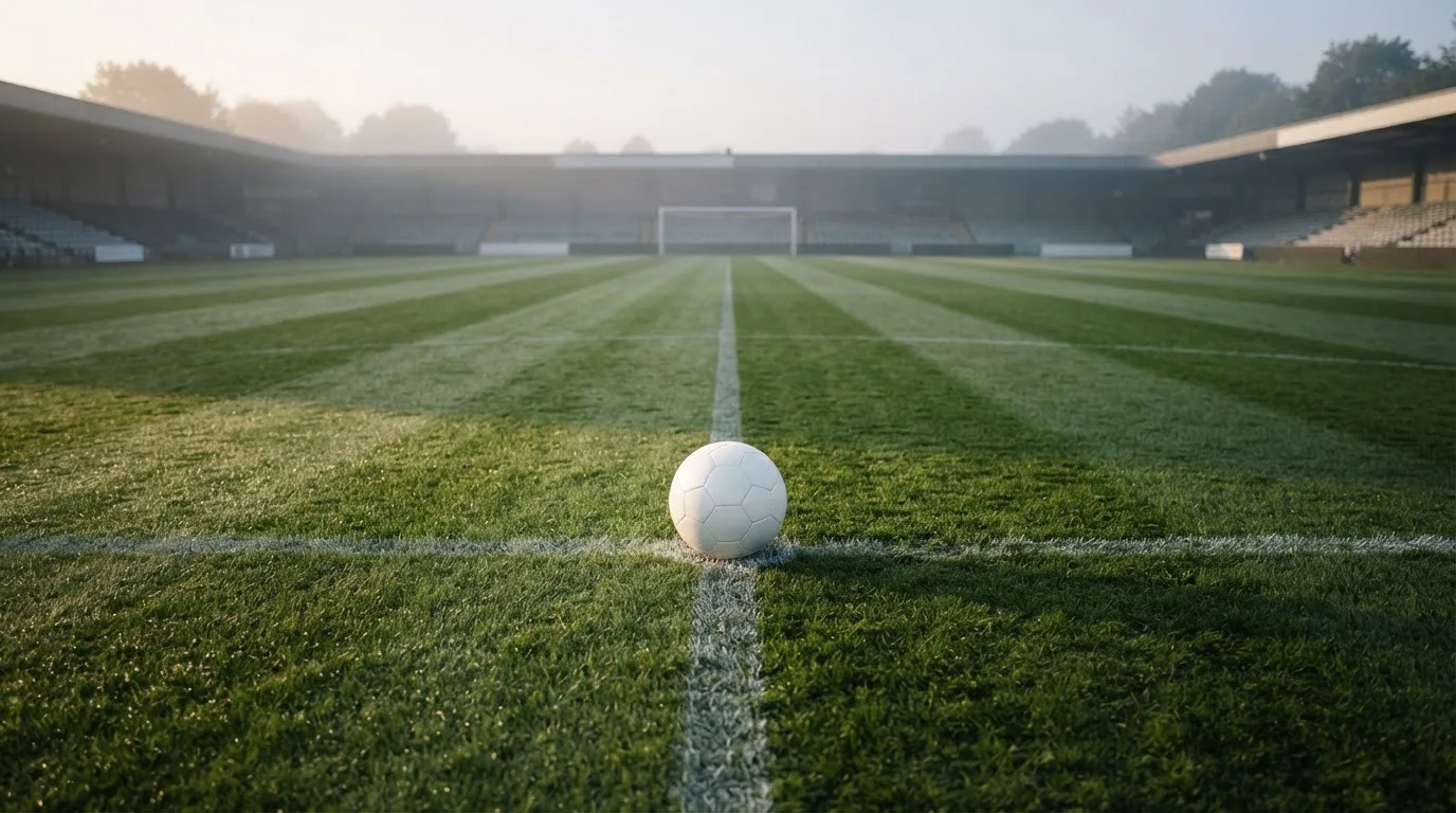 Ein Fußball auf dem Mittelkreis eines leeren Rasenplatzes im frühen Morgenlicht.