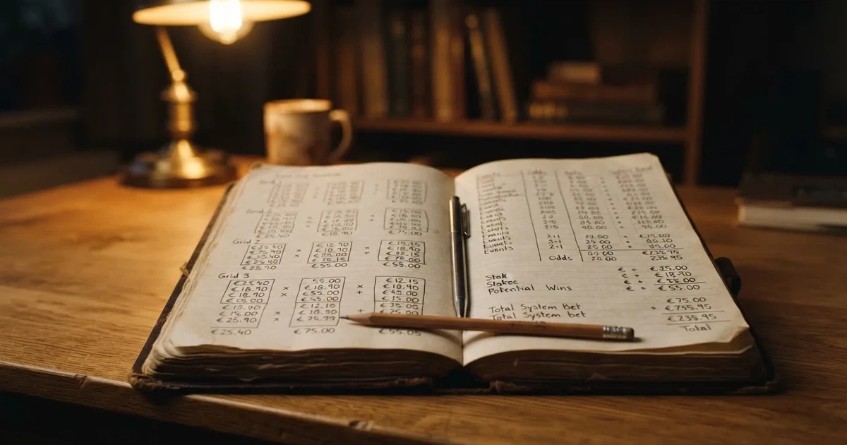 Ein Notizbuch mit handschriftlichen Zahlenreihen und Kästchen liegt neben einem Taschenrechner und einem Bleistift auf einem Schreibtisch.