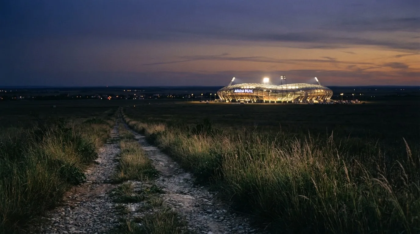 Ein beleuchtetes Stadion aus großer Distanz am Abend, im Vordergrund ein Feldweg.