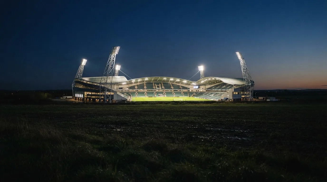 Ein Stadion unter Flutlicht aus großer Entfernung, davor ein dunkler Acker im Abendlicht.