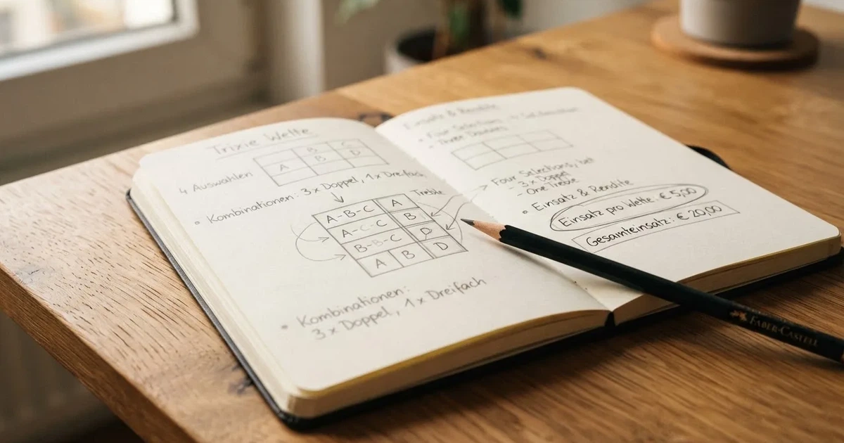 Ein Notizbuch mit handschriftlichen Kästchen und Linien liegt neben einem Bleistift und einem Taschenrechner auf einem Schreibtisch.