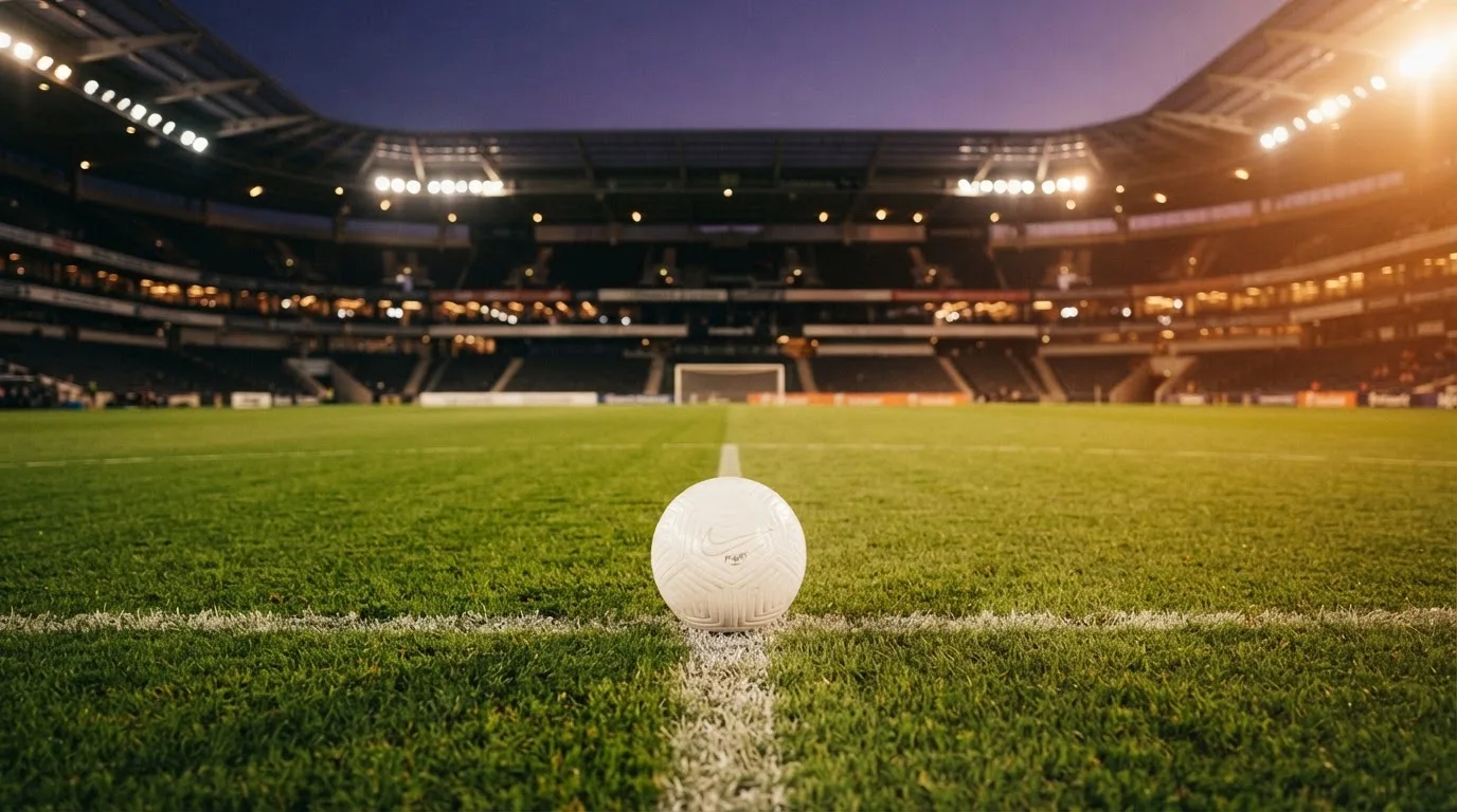 Ein Fußball liegt auf dem Anstoßpunkt eines leeren Rasenplatzes, im Hintergrund ein Stadion unter Flutlicht in der Abenddämmerung.