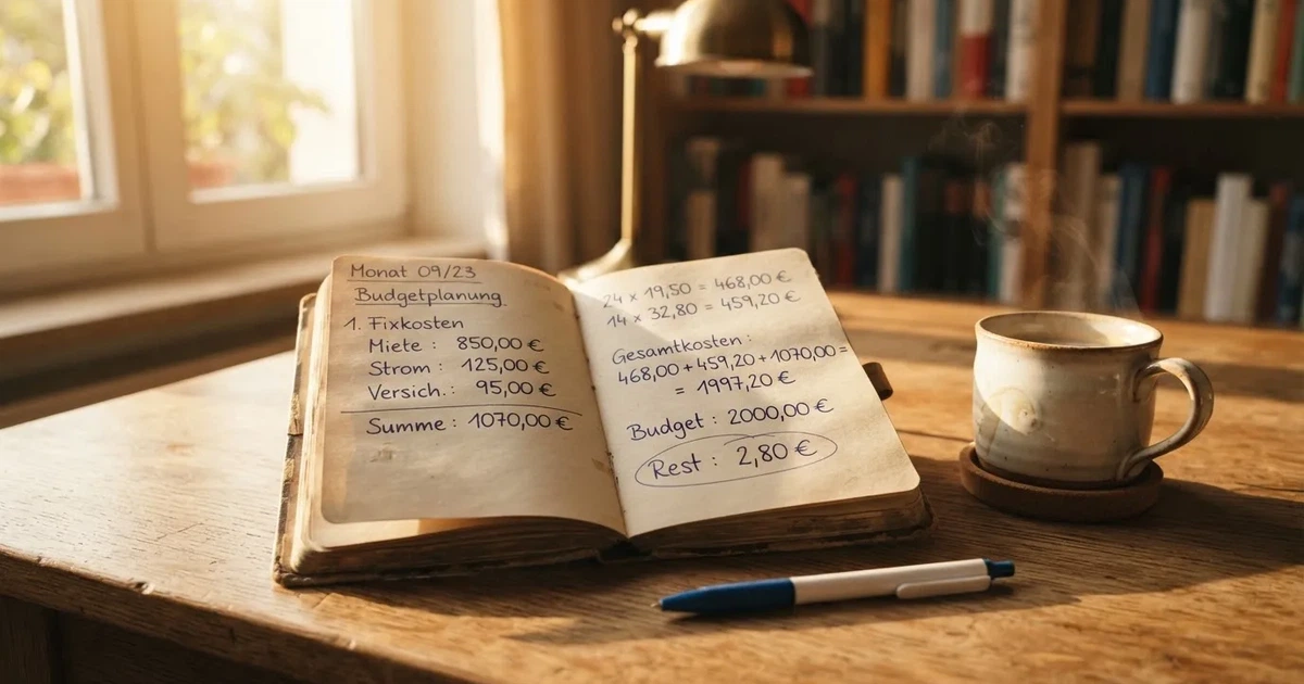 Ein Notizbuch mit handschriftlichen Rechnungen und ein Taschenrechner liegen auf einem Schreibtisch neben einer Tasse Kaffee im Licht des frühen Morgens.