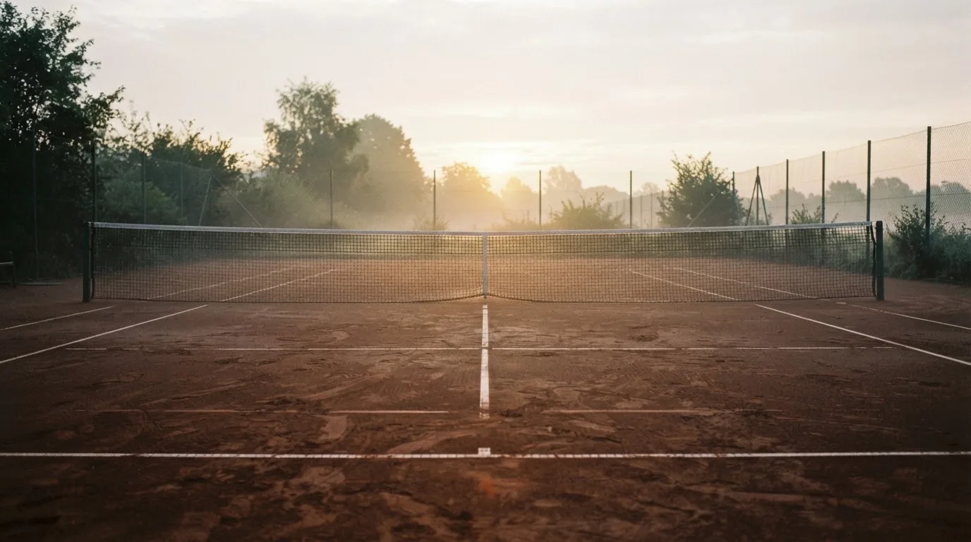 Ein Tennisplatz im Morgengrauen, das Netz und die Linien liegen im Tau, im Hintergrund leichter Nebel und kein Mensch zu sehen.