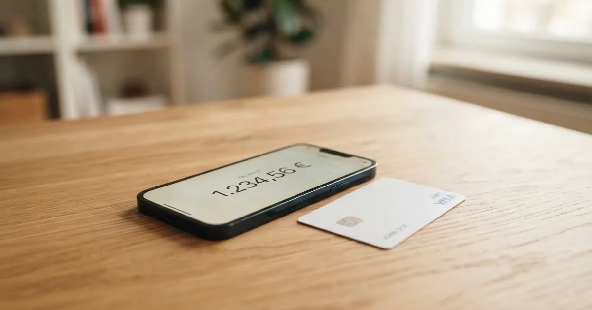 Ein Smartphone mit dunklem Display liegt neben einer schlichten Plastikkarte ohne Aufdruck auf einem hellen Schreibtisch.