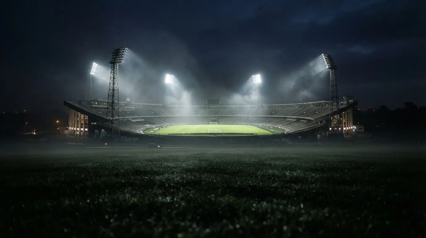 Ein Stadion unter Flutlicht, aus großer Entfernung über eine dunkle Wiese fotografiert, am Himmel zieht Nebel auf.