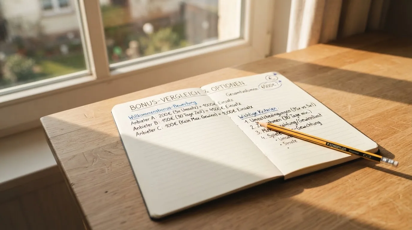 Ein Notizbuch mit handschriftlichen Notizen und ein Bleistift liegen auf einem Schreibtisch am Fenster, draußen fällt Morgenlicht herein.