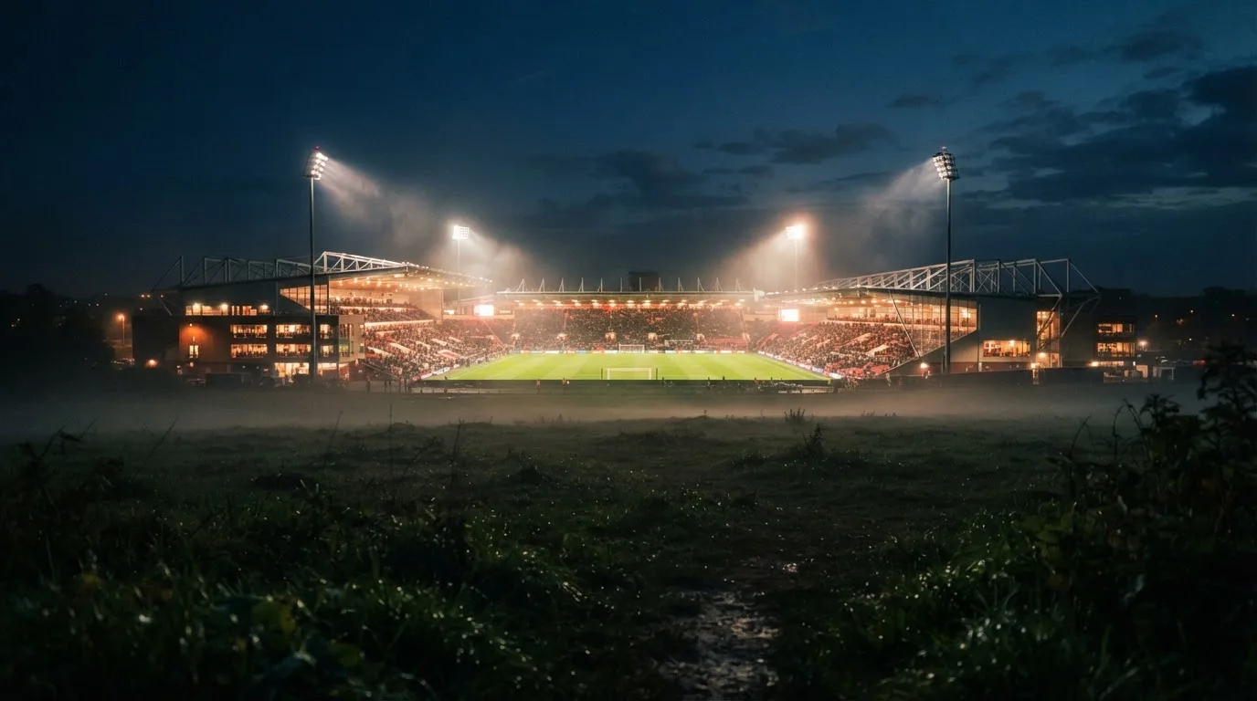 Ein Stadion unter Flutlicht, aus großer Entfernung über eine dunkle Wiese fotografiert, am Himmel zieht Nebel auf.