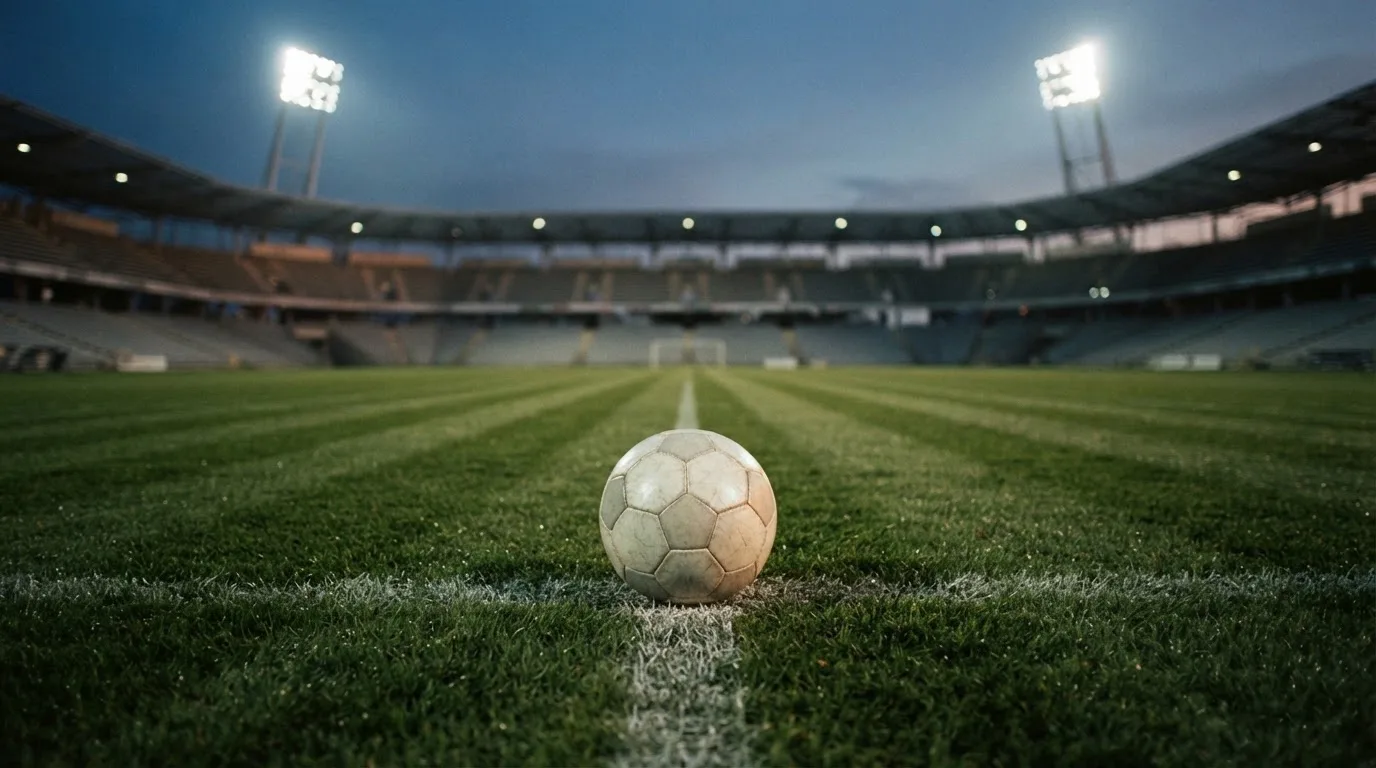 Ein Fußball liegt auf dem Anstoßpunkt eines leeren Rasenplatzes, im Hintergrund steht ein Stadion unter Flutlicht in der Dämmerung.
