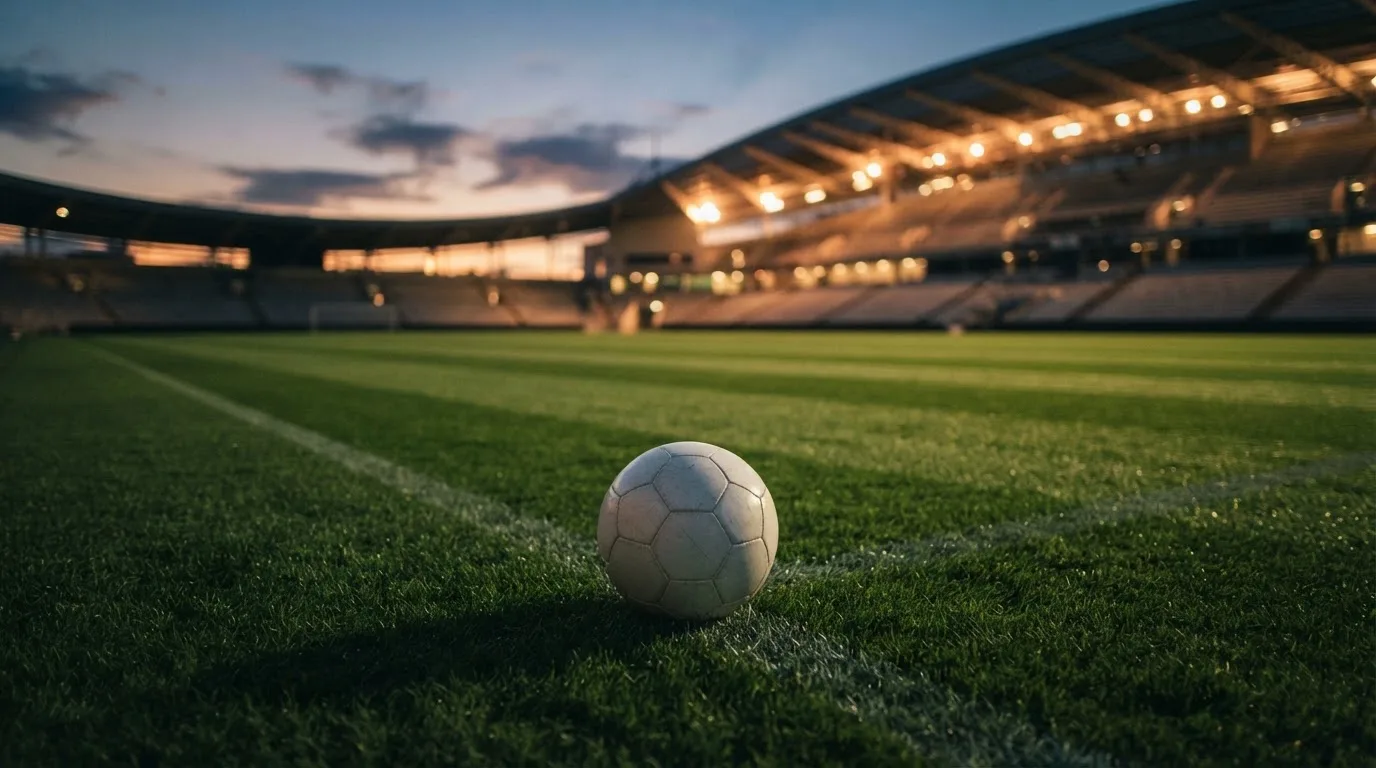 Ein Fußball liegt auf dem Rasen eines leeren Platzes, im Hintergrund ein Stadion unter Flutlicht in der Abenddämmerung.