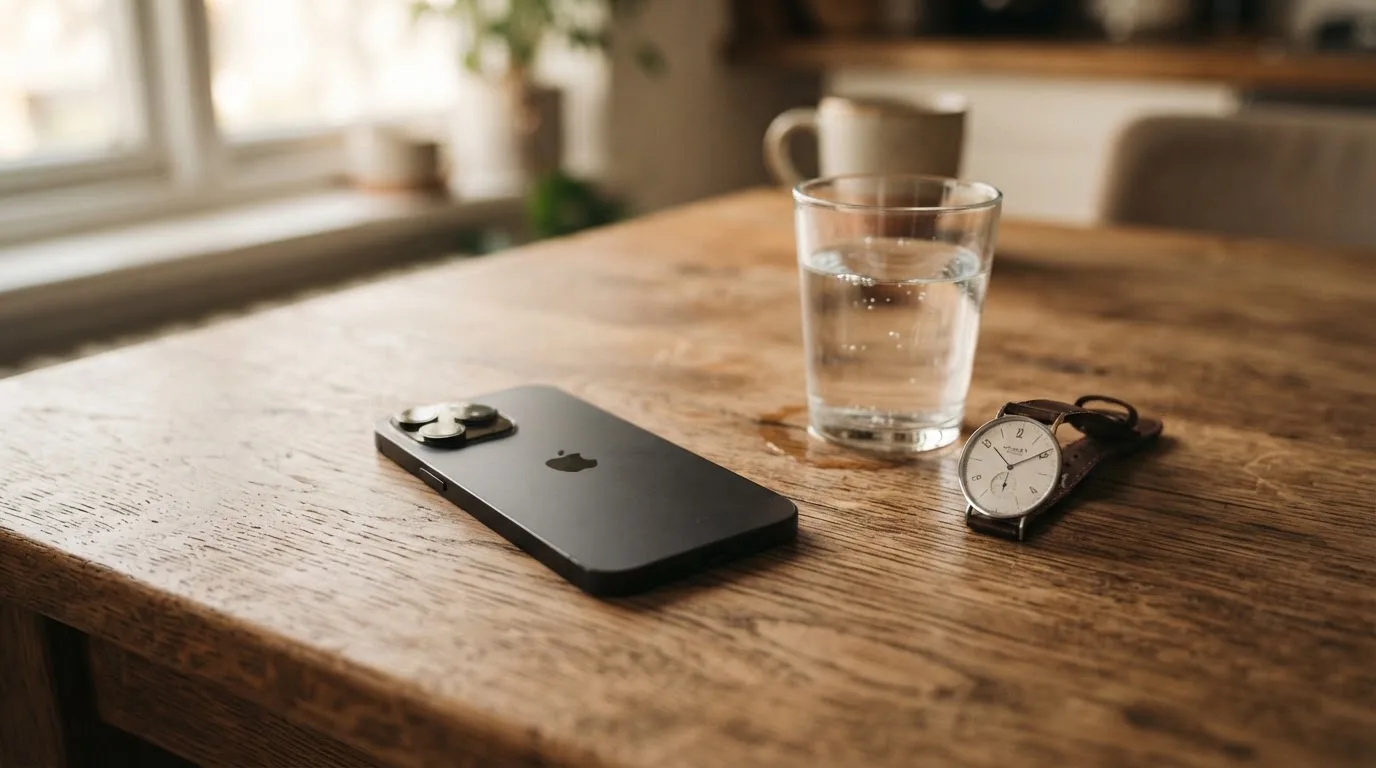 Ein Smartphone liegt mit dem Display nach unten auf einem Küchentisch, daneben stehen ein Glas Wasser und eine Armbanduhr.
