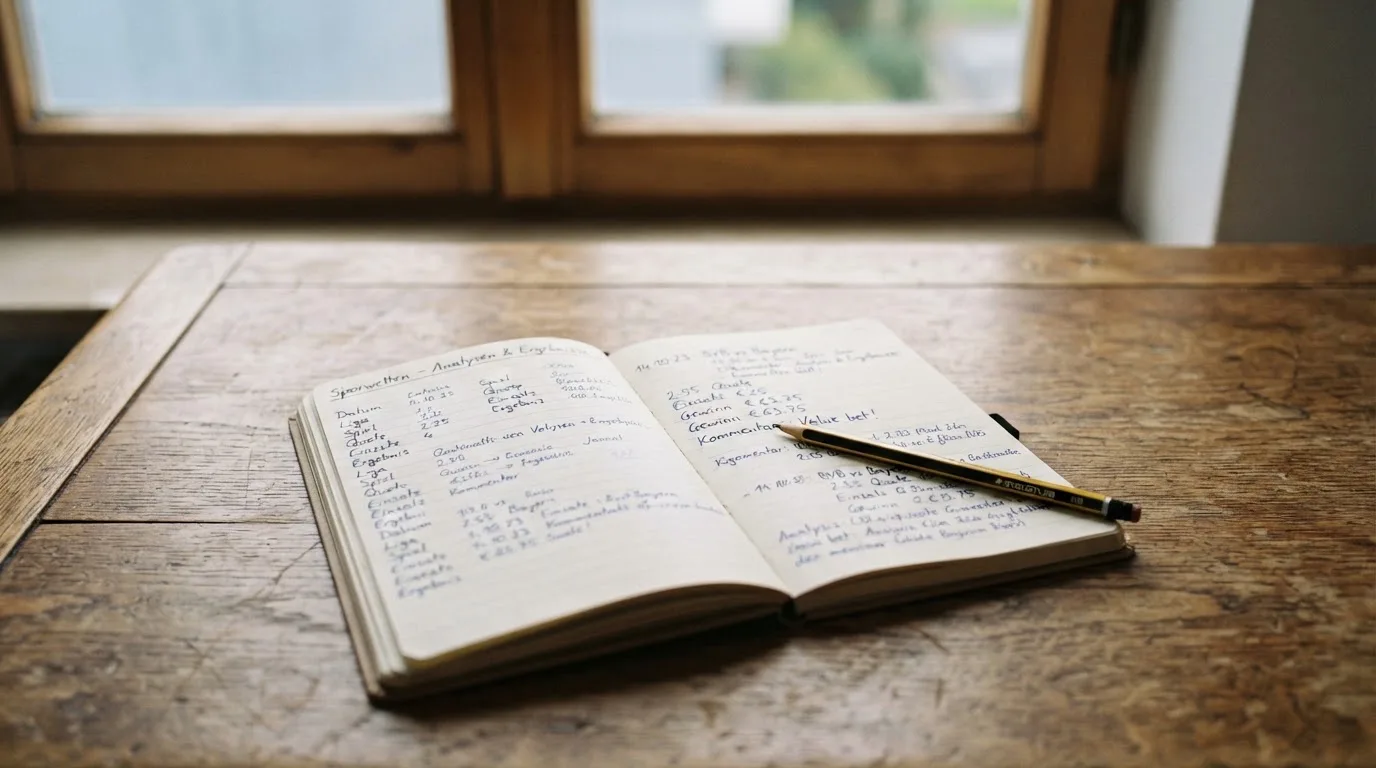 Ein Notizbuch mit handschriftlichen Notizen und ein Bleistift liegen auf einem Schreibtisch am Fenster, draußen fällt Morgenlicht herein.