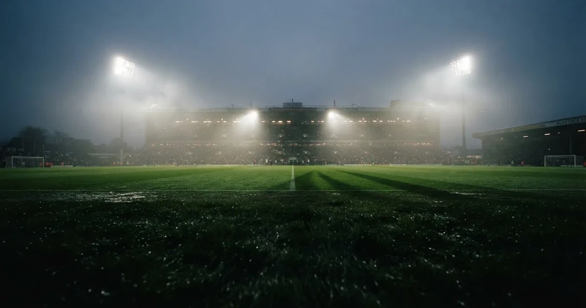 Ein Stadion unter Flutlicht, aus großer Entfernung über eine dunkle Wiese fotografiert, am Himmel zieht Nebel auf.