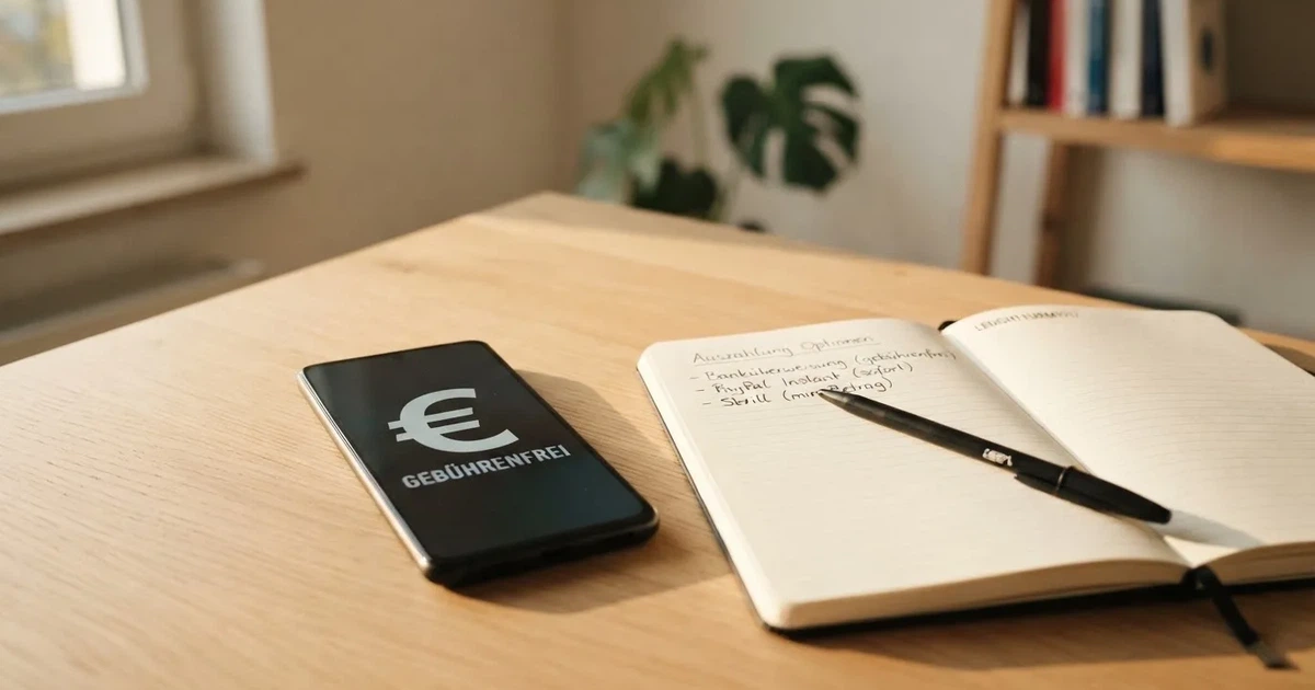 Ein Smartphone liegt neben einem Notizbuch und einem Kugelschreiber auf einem hellen Schreibtisch, das Display ist ausgeschaltet.