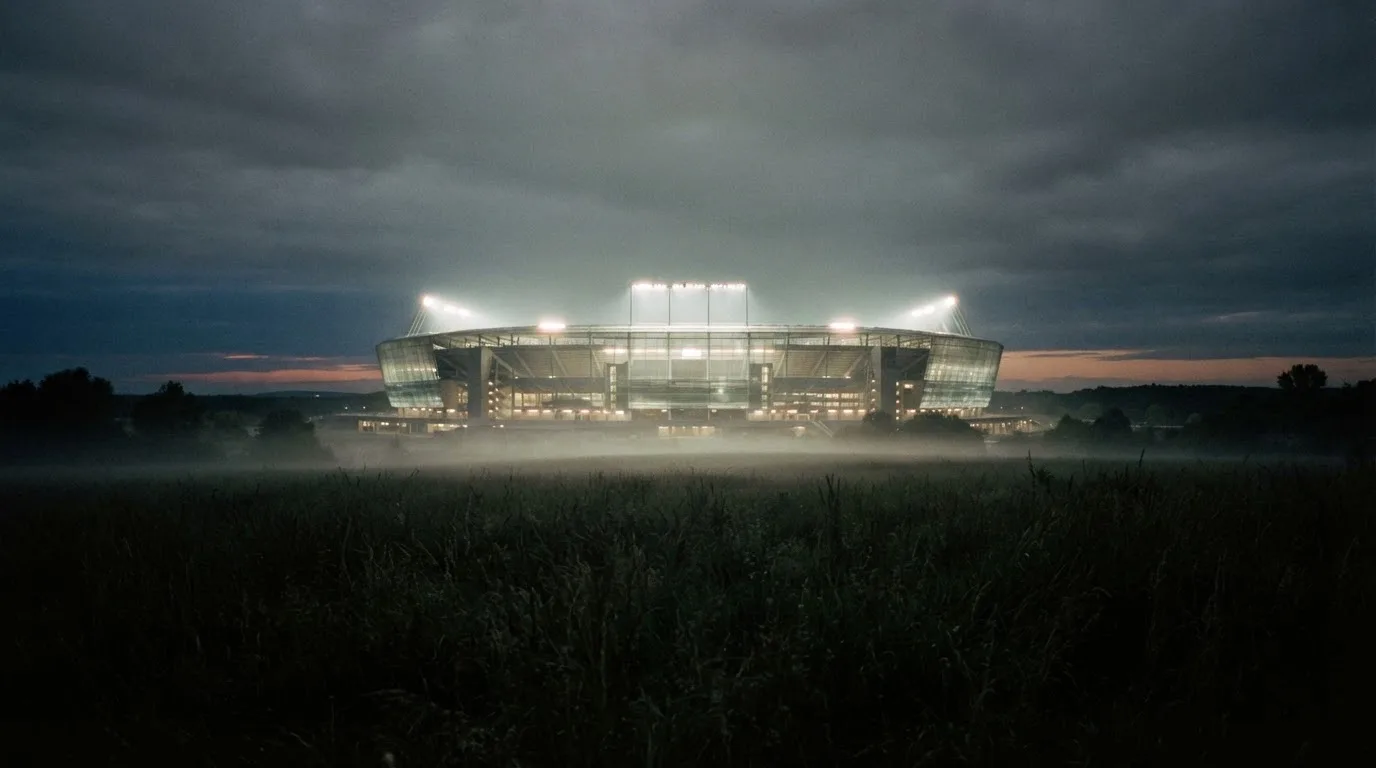 Ein Stadion unter Flutlicht, aus großer Entfernung über eine dunkle Wiese fotografiert, am Himmel zieht Nebel auf.