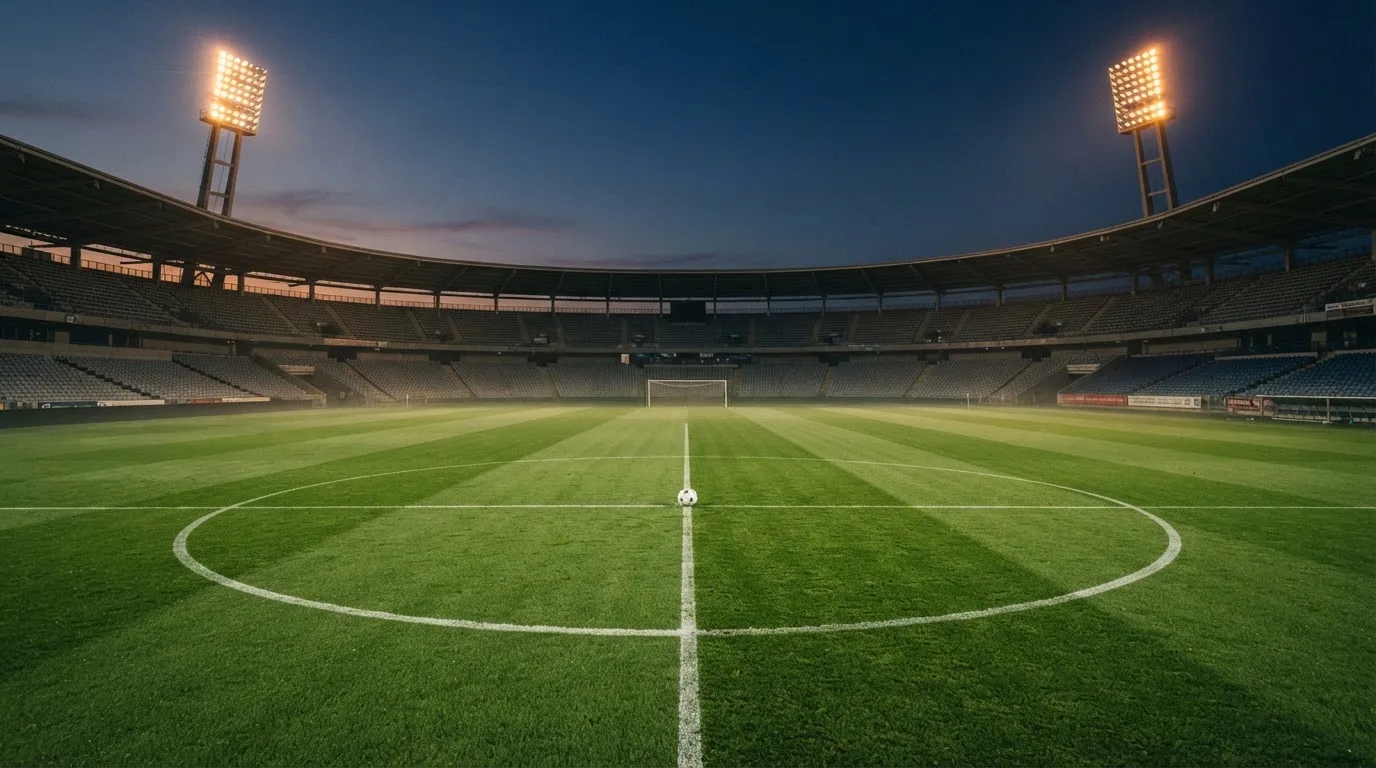 Ein Fußball liegt auf dem Rasen eines leeren Platzes, im Hintergrund ein Stadion unter Flutlicht in der Abenddämmerung.