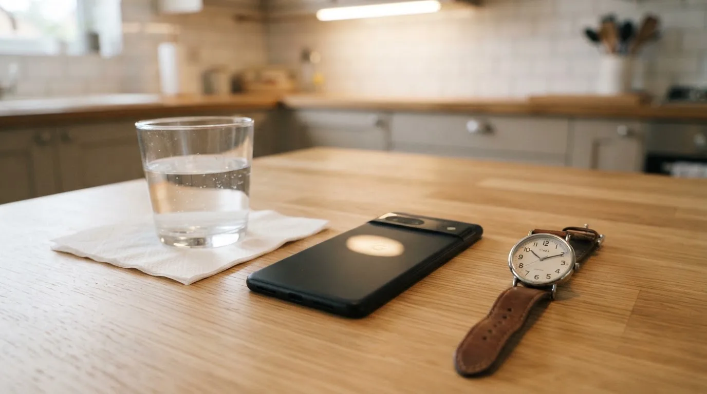 Ein Smartphone liegt mit dem Display nach unten auf einem Küchentisch, daneben stehen ein Glas Wasser und eine Armbanduhr.