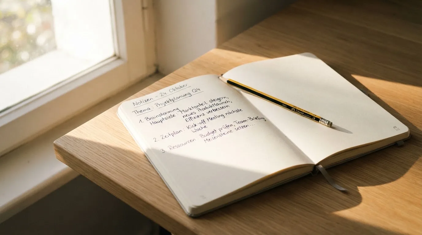 Ein Notizbuch mit handschriftlichen Notizen und ein Bleistift liegen auf einem Schreibtisch am Fenster, draußen fällt Morgenlicht herein.