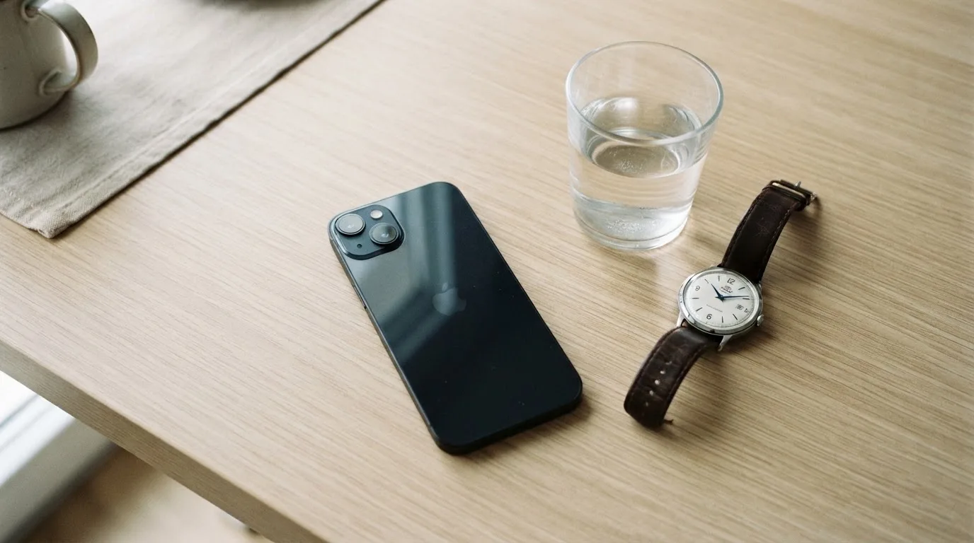 Ein Smartphone liegt mit dem Display nach unten auf einem Küchentisch, daneben stehen ein Glas Wasser und eine Armbanduhr.